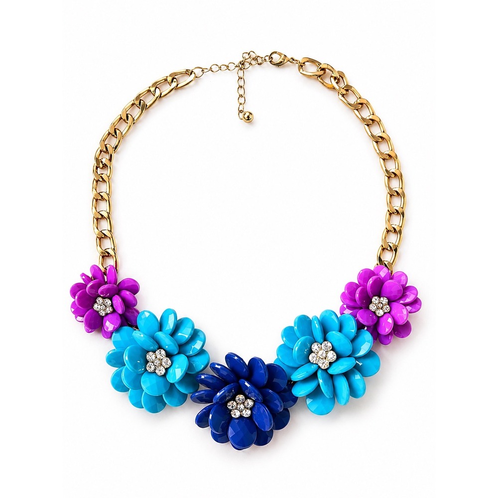 Floral Bib Necklace Summertime Blossom Resin Flower Gold Tone Statement fun